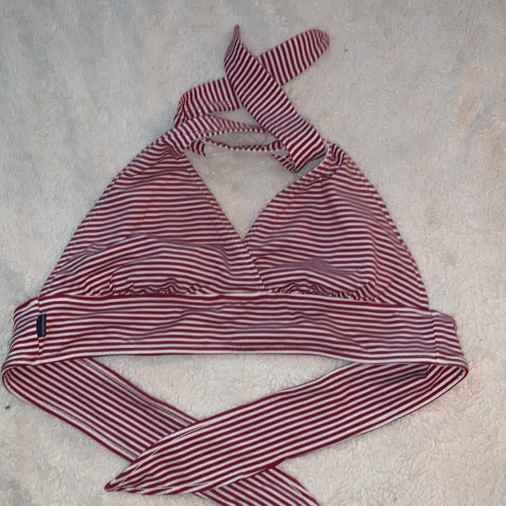 Red and white halter swim top